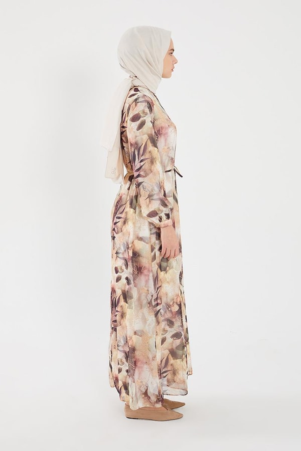 LevidorLevidor Bej YAPRAK DESEN ŞİFON ELBİSE