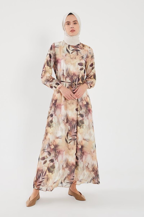 LevidorLevidor Bej Yaprak Desen Şifon Elbise