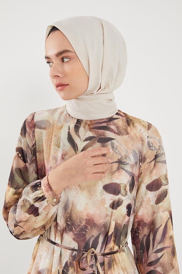 LevidorLevidor Bej YAPRAK DESEN ŞİFON ELBİSE