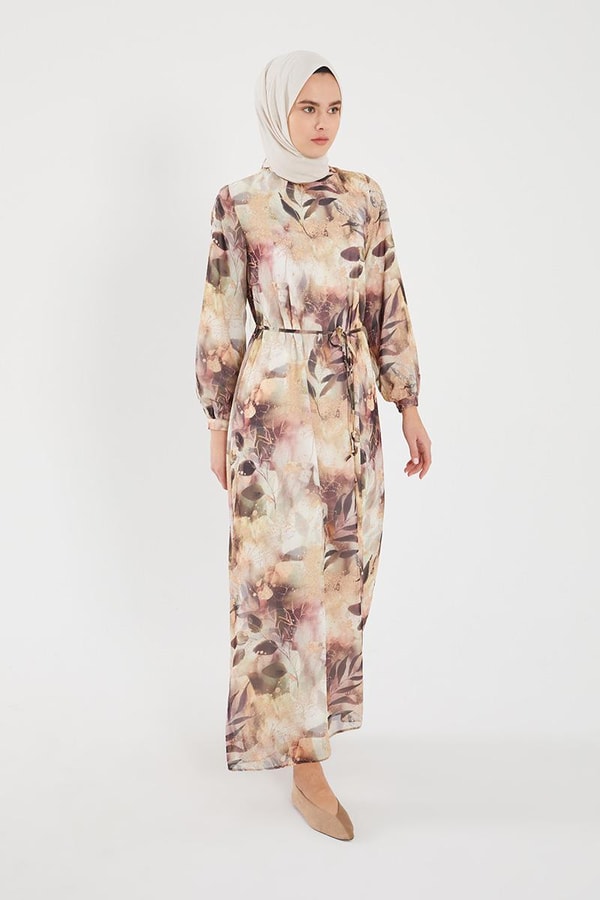 LevidorLevidor Bej Yaprak Desen Şifon Elbise
