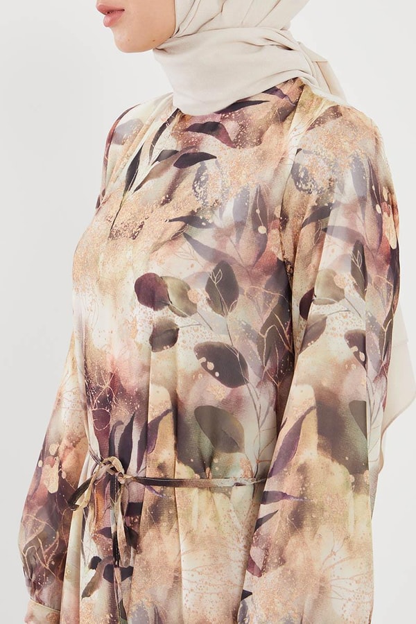 LevidorLevidor Bej YAPRAK DESEN ŞİFON ELBİSE