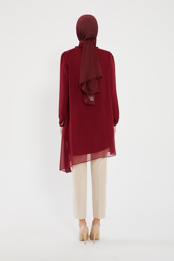 LevidorLevidor Bordo Yakası İşlemeli Şifon Abiye Tunik
