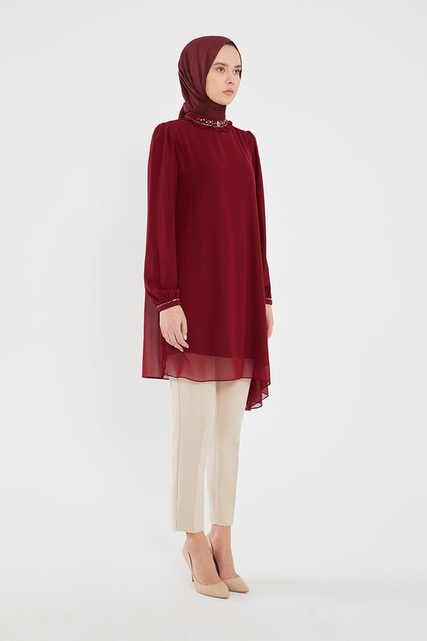 LevidorLevidor Bordo Yakası İşlemeli Şifon Abiye Tunik