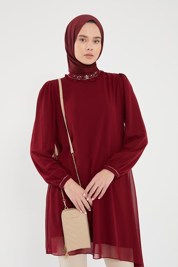 LevidorLevidor Bordo Yakası İşlemeli Şifon Abiye Tunik