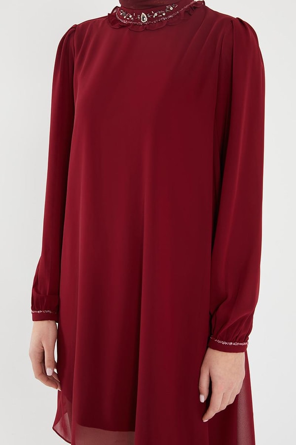 LevidorLevidor Bordo Yakası İşlemeli Şifon Abiye Tunik
