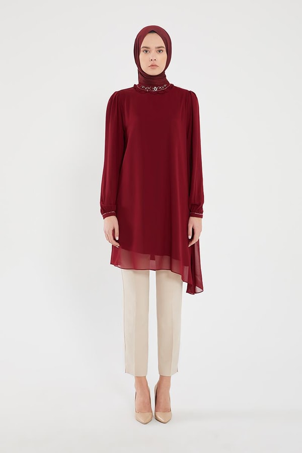 LevidorLevidor Bordo Yakası İşlemeli Şifon Abiye Tunik