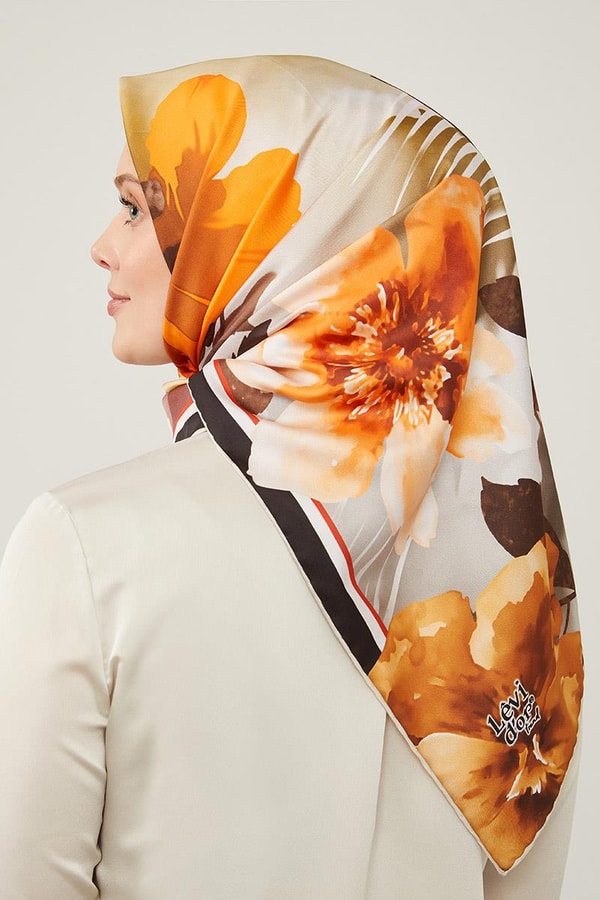 LevidorLevidor Camel Çiçek Desen Trend Twill Eşarp