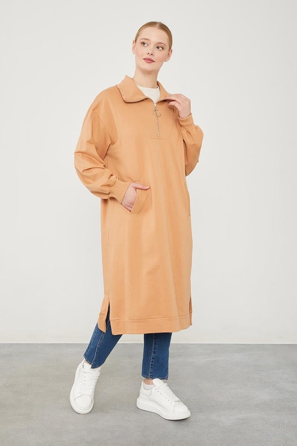 LevidorLevidor Camel Dik Yaka Fermuarlı Sweat