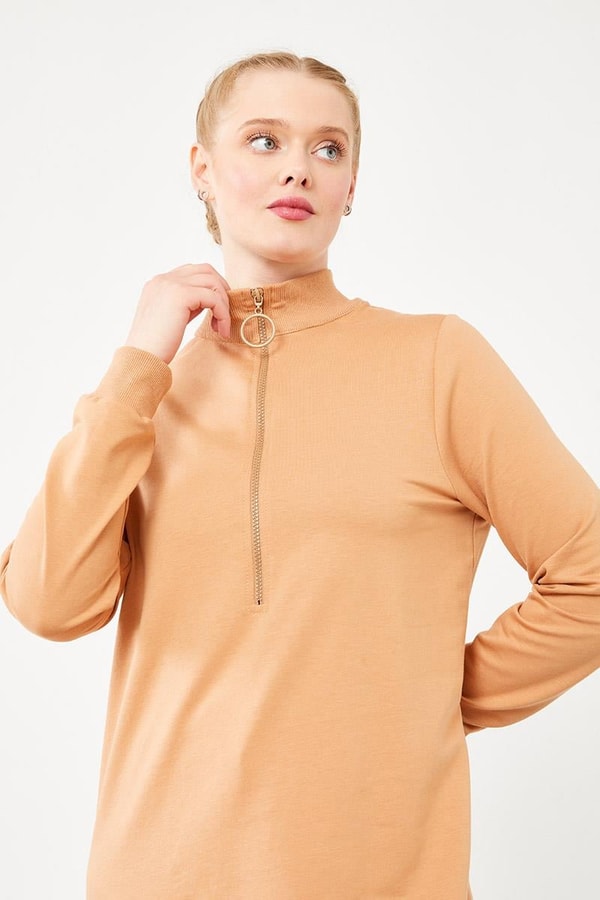 LevidorLevidor Camel Dik Yaka Fermuarlı Sweat