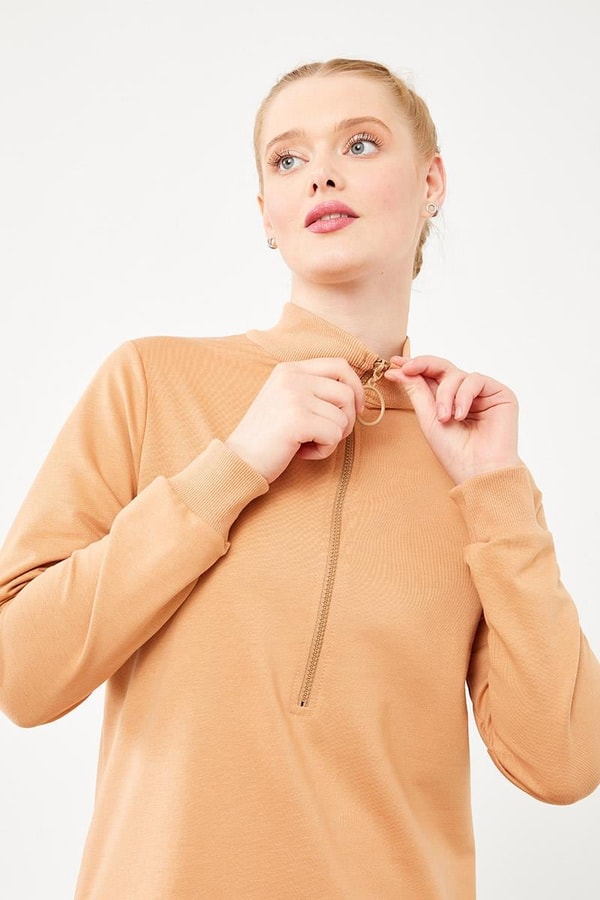 LevidorLevidor Camel Dik Yaka Fermuarlı Sweat