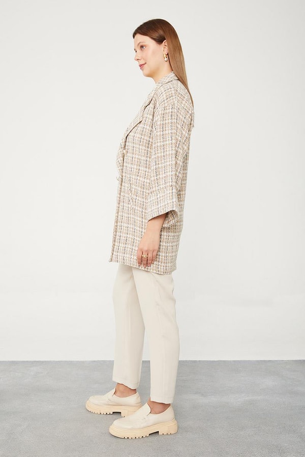 LevidorLevidor Camel Double Kol Ekose Desen Ceket