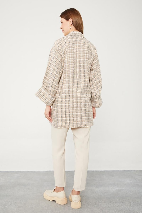 LevidorLevidor Camel Double Kol Ekose Desen Ceket