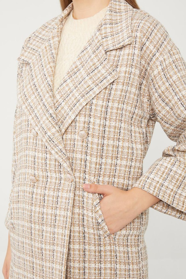 LevidorLevidor Camel Double Kol Ekose Desen Ceket