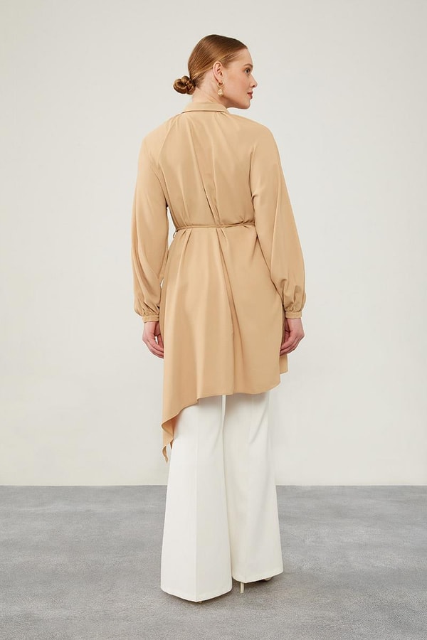 LevidorLevidor Camel Gömlek Yaka Beli İp Bağlamalı Tunik