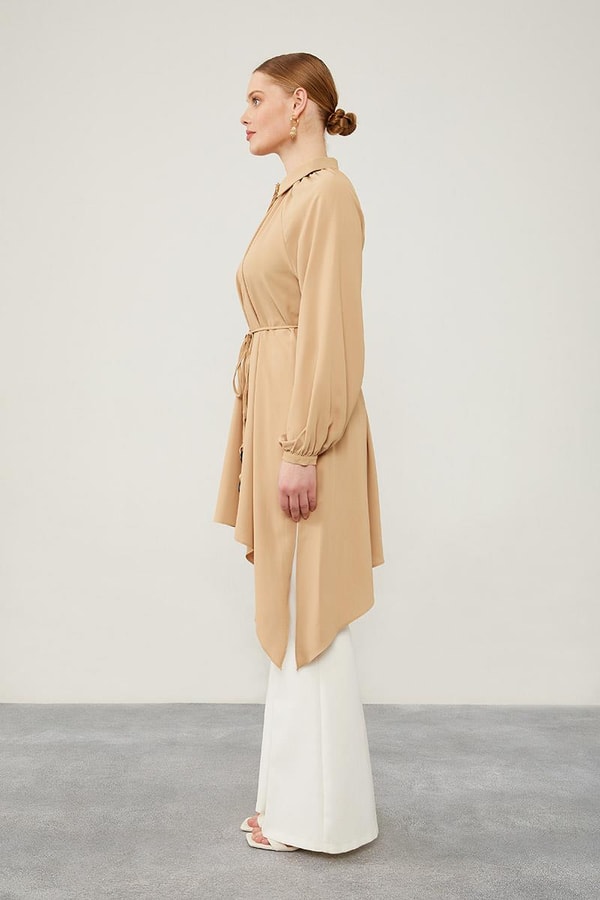 LevidorLevidor Camel Gömlek Yaka Beli İp Bağlamalı Tunik