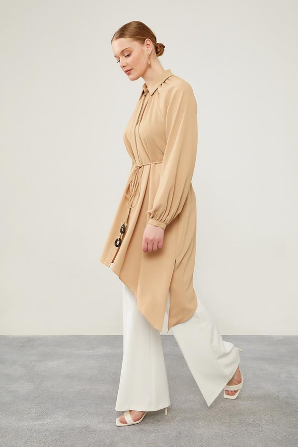 LevidorLevidor Camel Gömlek Yaka Beli İp Bağlamalı Tunik