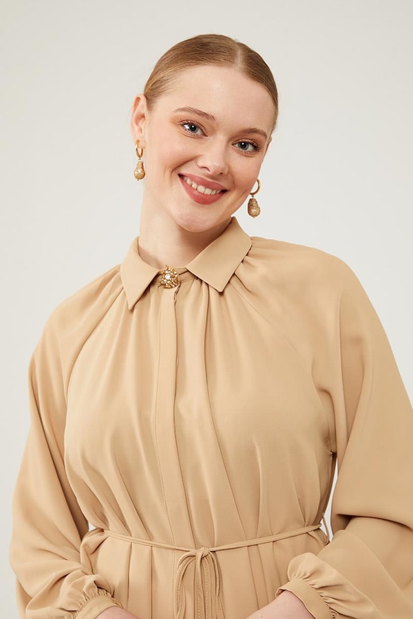 LevidorLevidor Camel Gömlek Yaka Beli İp Bağlamalı Tunik