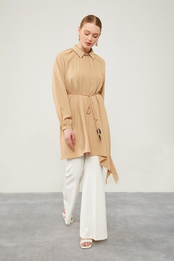 LevidorLevidor Camel Gömlek Yaka Beli İp Bağlamalı Tunik