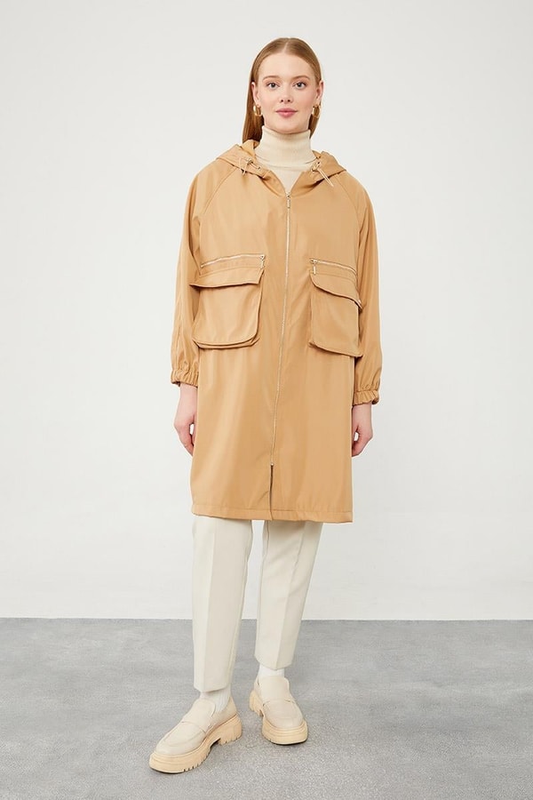 LevidorLevidor Camel Kapüşonlu Fermuar Kapama Trençkot