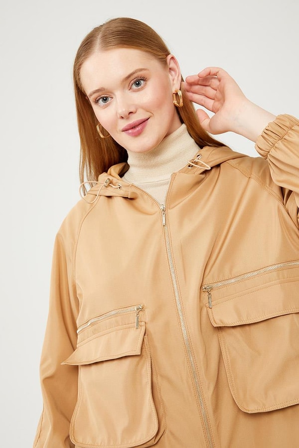 LevidorLevidor Camel Kapüşonlu Fermuar Kapama Trençkot