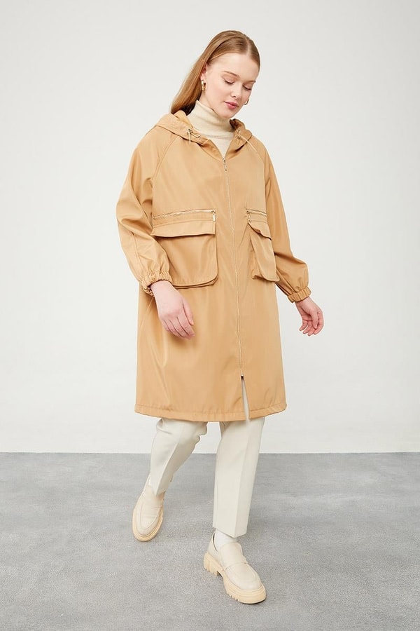 LevidorLevidor Camel Kapüşonlu Fermuar Kapama Trençkot