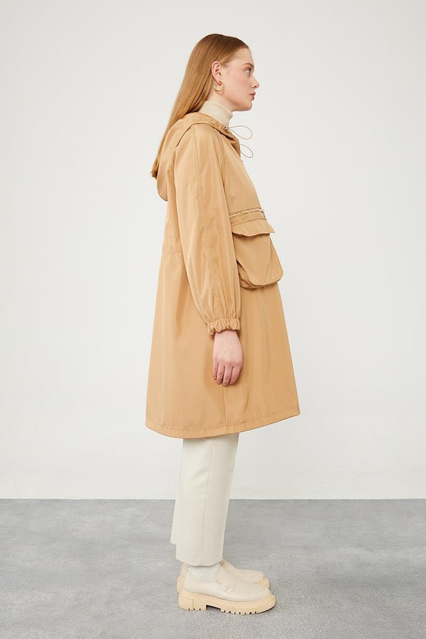 LevidorLevidor Camel Kapüşonlu Fermuar Kapama Trençkot