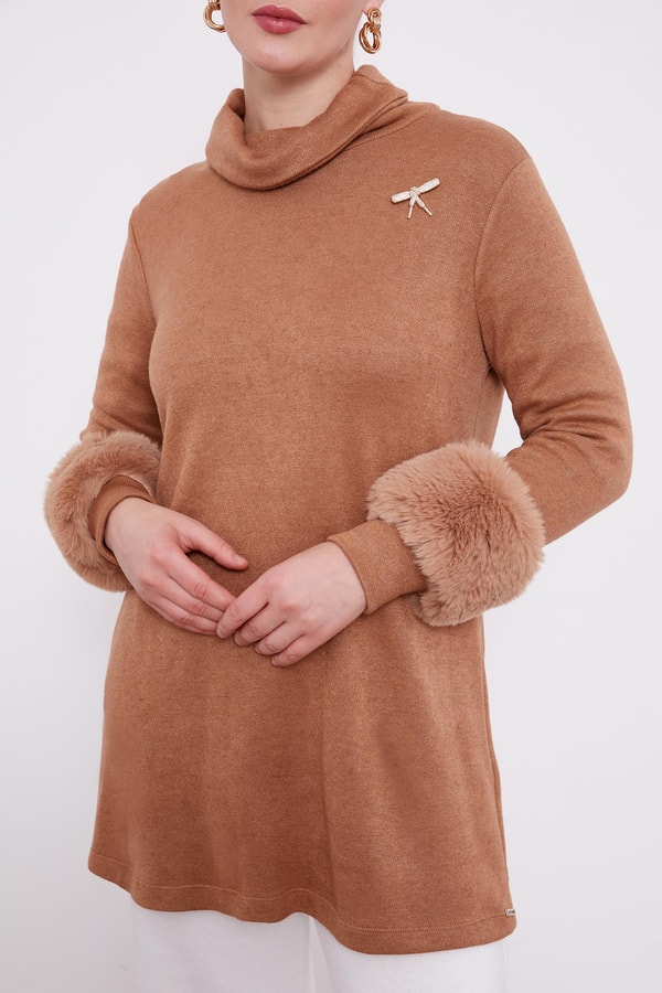 LevidorLevidor Camel Kolları Tüy Detaylı Tunik