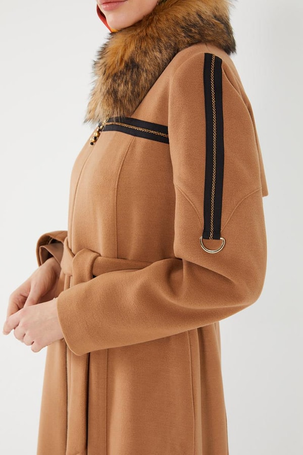LevidorLevidor Camel Yakası Kürklü Fermuarlı Kaşe Manto