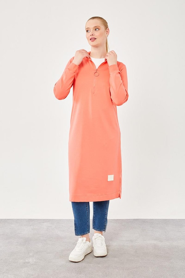 LevidorLevidor Coral Dik Yaka Fermuar Kapamalı Uzun Tunik