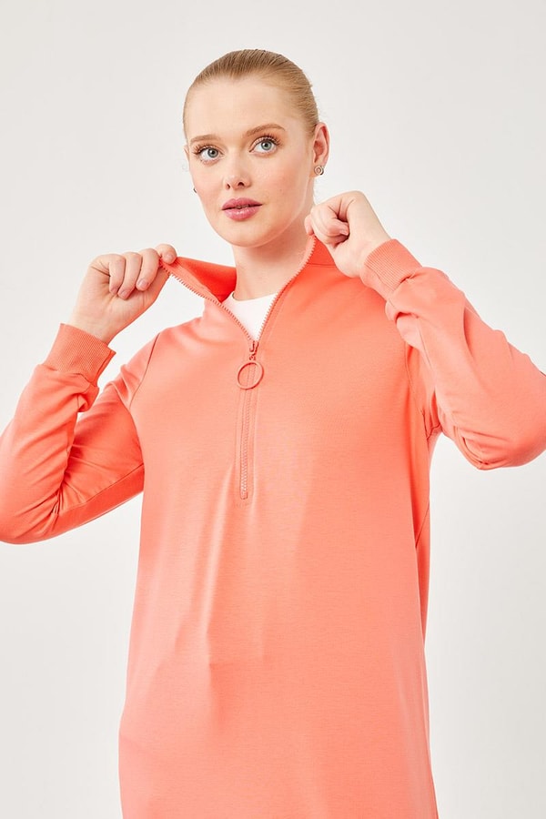 LevidorLevidor Coral Dik Yaka Fermuar Kapamalı Uzun Tunik