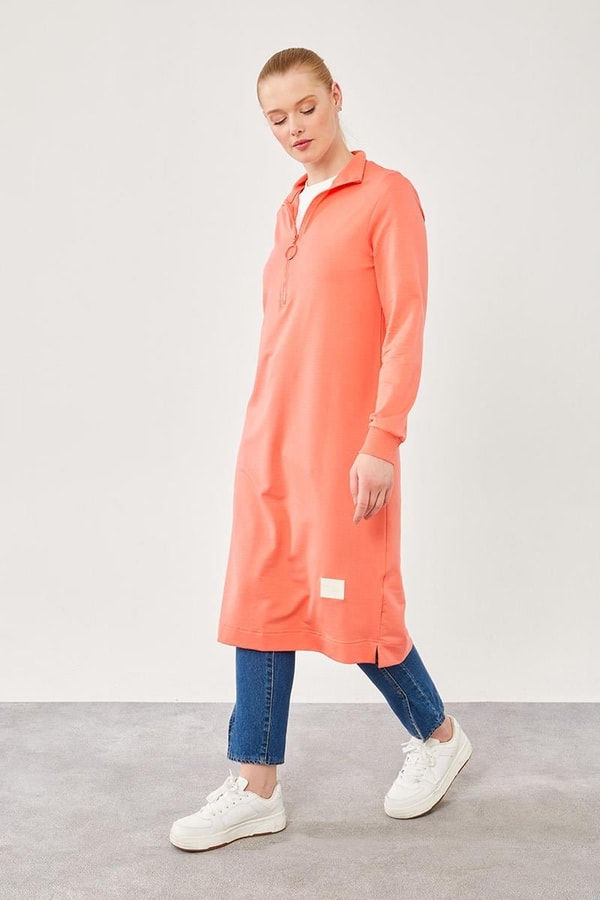LevidorLevidor Coral Dik Yaka Fermuar Kapamalı Uzun Tunik