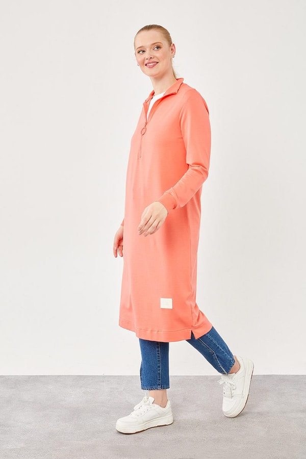LevidorLevidor Coral Dik Yaka Fermuar Kapamalı Uzun Tunik