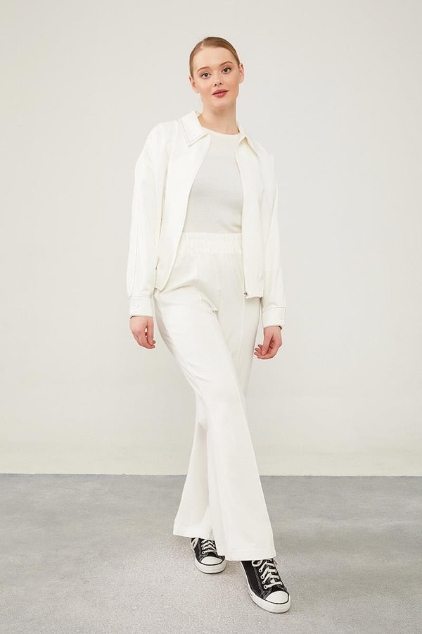 LevidorLevidor Ekru Beli Lastikli Şerit Çizgili Spor Pantolon