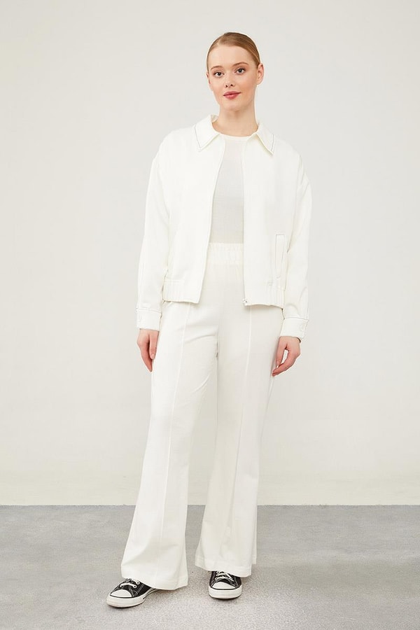 LevidorLevidor Ekru Beli Lastikli Şerit Çizgili Spor Pantolon