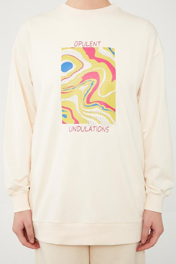 LevidorLevidor Ekru Bisiklet Yaka Taş Baskılı Sweat