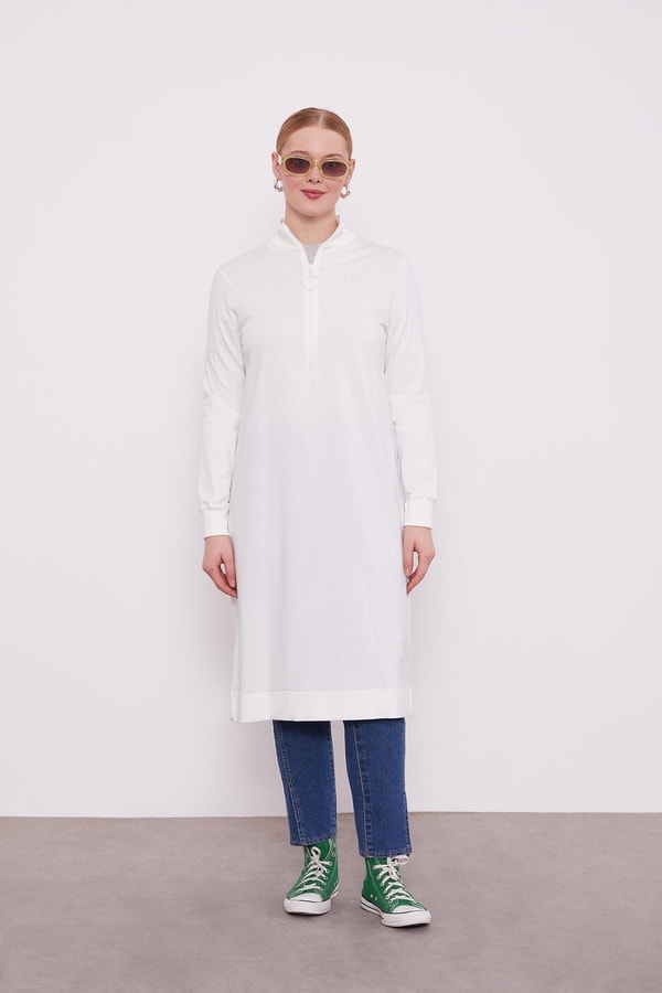 LevidorLevidor Ekru Dik Yaka Fermuar Kapamalı Uzun Tunik