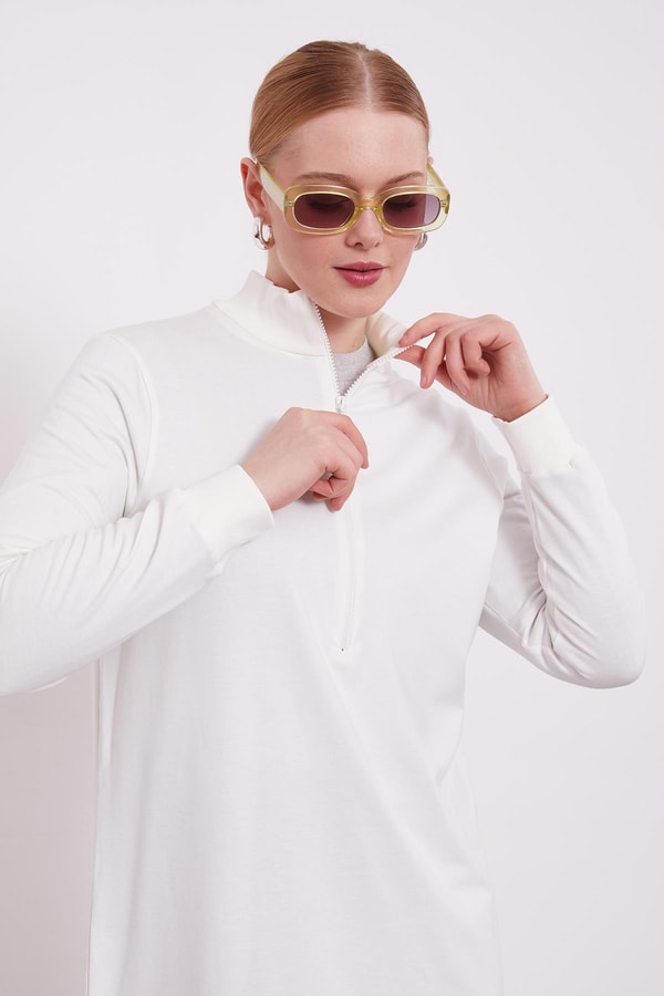 LevidorLevidor Ekru Dik Yaka Fermuar Kapamalı Uzun Tunik