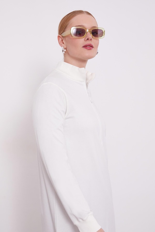 LevidorLevidor Ekru Dik Yaka Fermuar Kapamalı Uzun Tunik