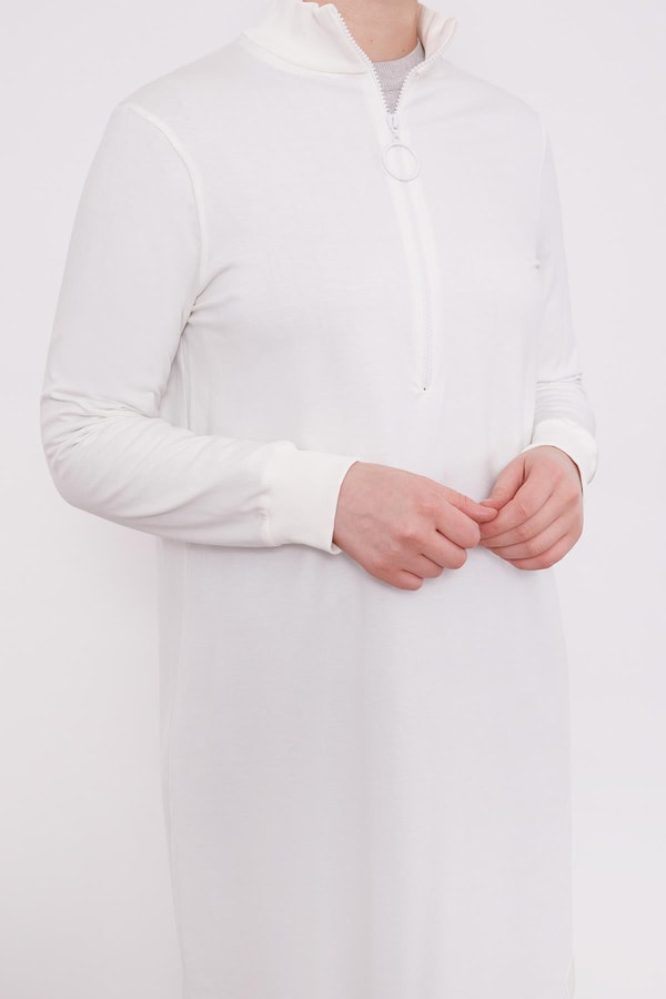 LevidorLevidor Ekru Dik Yaka Fermuar Kapamalı Uzun Tunik