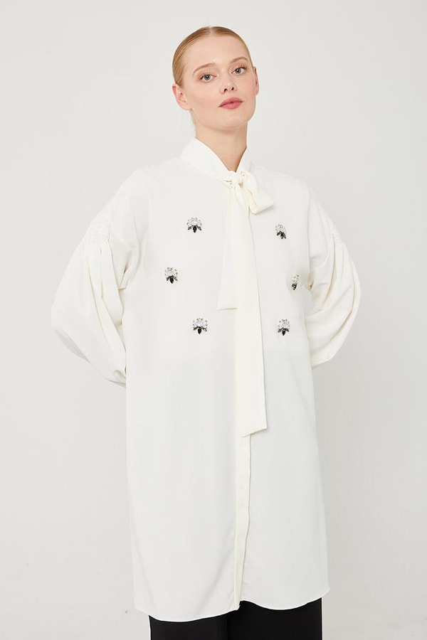 LevidorLevidor Ekru İşlemeli  Pantolonlu Tunik Takım