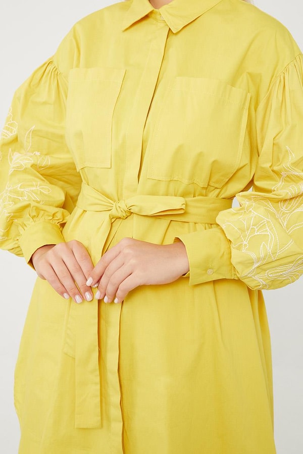 LevidorLevidor Ekru Nakışlı Belden Bağlamalı Kimono