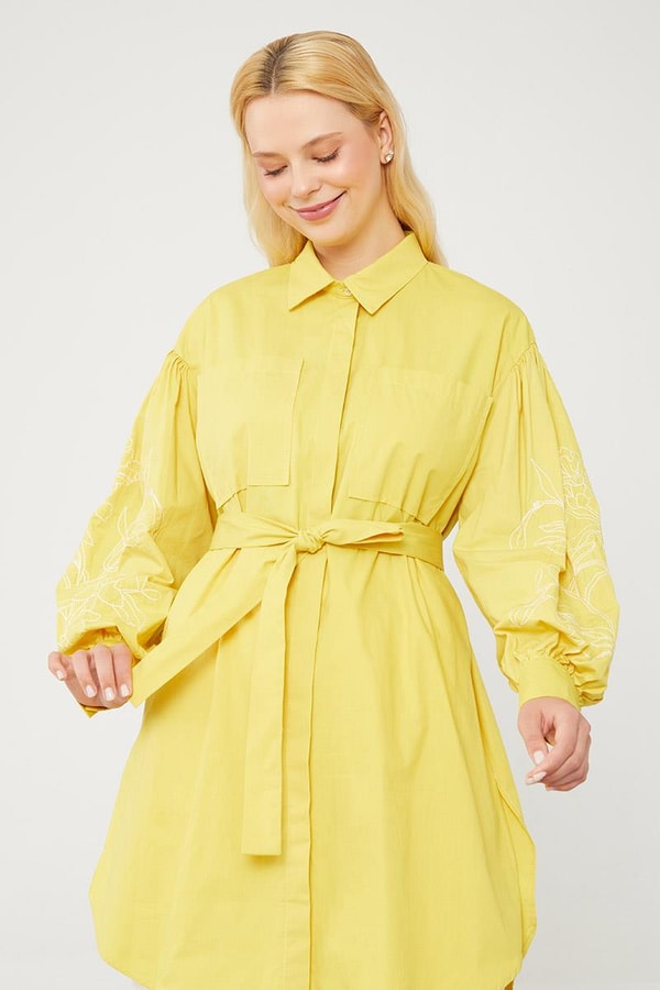 LevidorLevidor Ekru Nakışlı Belden Bağlamalı Kimono