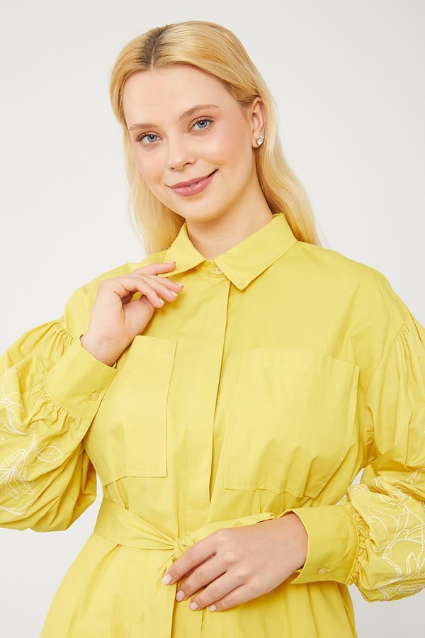 LevidorLevidor Ekru Nakışlı Belden Bağlamalı Kimono