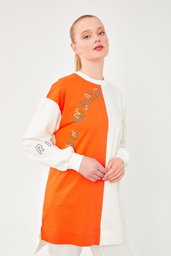 LevidorLevidor Ekru-Oranj Yazı Detaylı Çift Renk Sweat Takım
