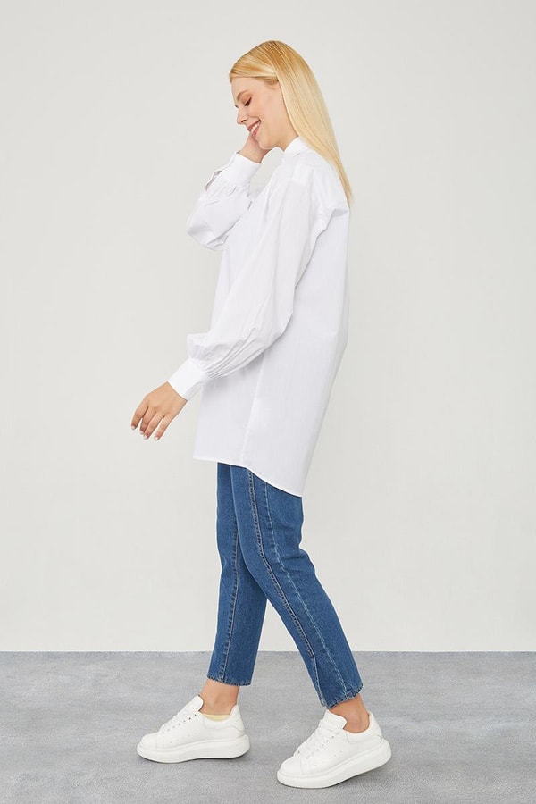 LevidorLevidor Ekru Oversize Balon Kol Poplin Gömlek