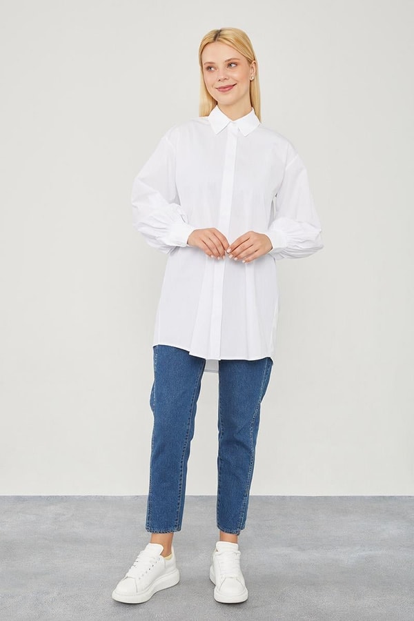 LevidorLevidor Ekru Oversize Balon Kol Poplin Gömlek