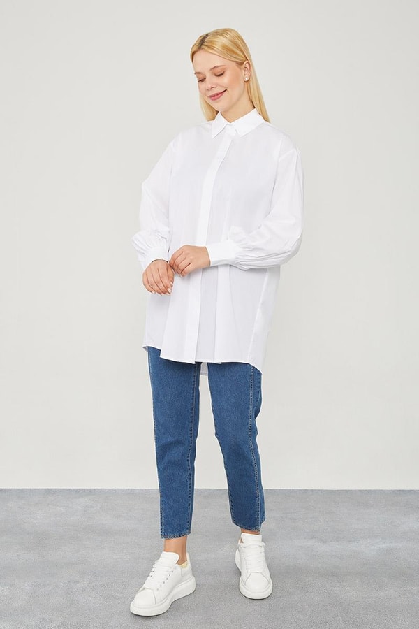 LevidorLevidor Ekru Oversize Balon Kol Poplin Gömlek