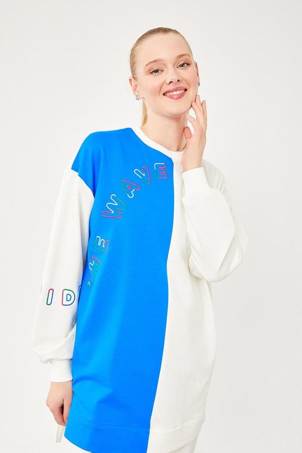 LevidorLevidor Ekru-Saks Yazı Detaylı Çift Renk Sweat Takım
