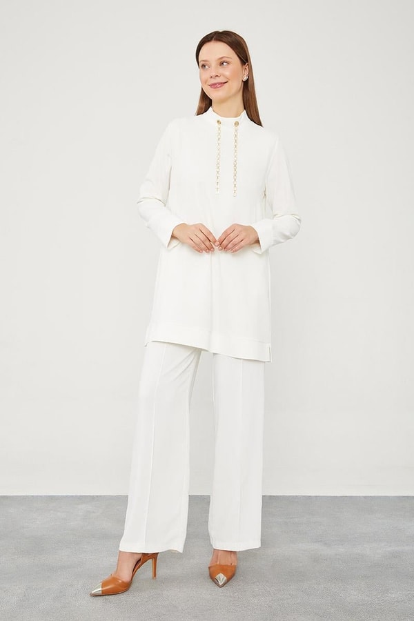 LevidorLevidor Ekru Taş Zincir Aksesuarlı İkili Takım