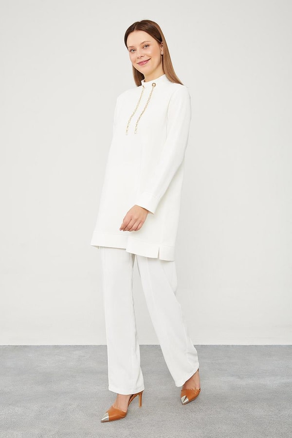 LevidorLevidor Ekru Taş Zincir Aksesuarlı İkili Takım